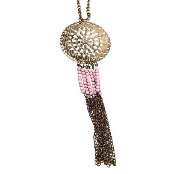 Boho gold tone pink round pendant tassel chain bead  necklace - Picture 3 of 3
